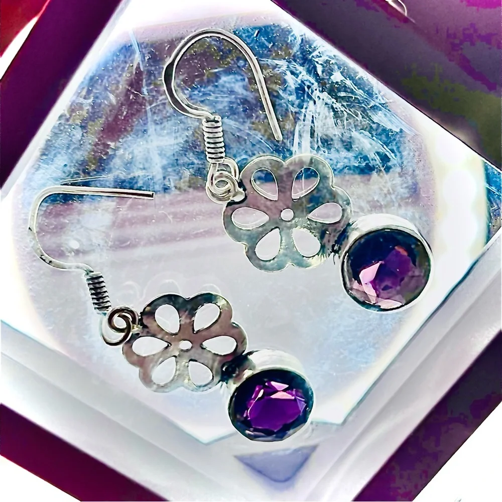 New Artisan 925 Sterling Silver Natural Amethyst Gem Daisy Handmade Earrings